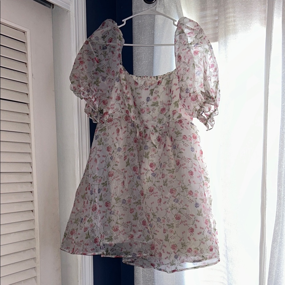 Francesca's Collections Pink Floral Puff Sleeve Mini Dress